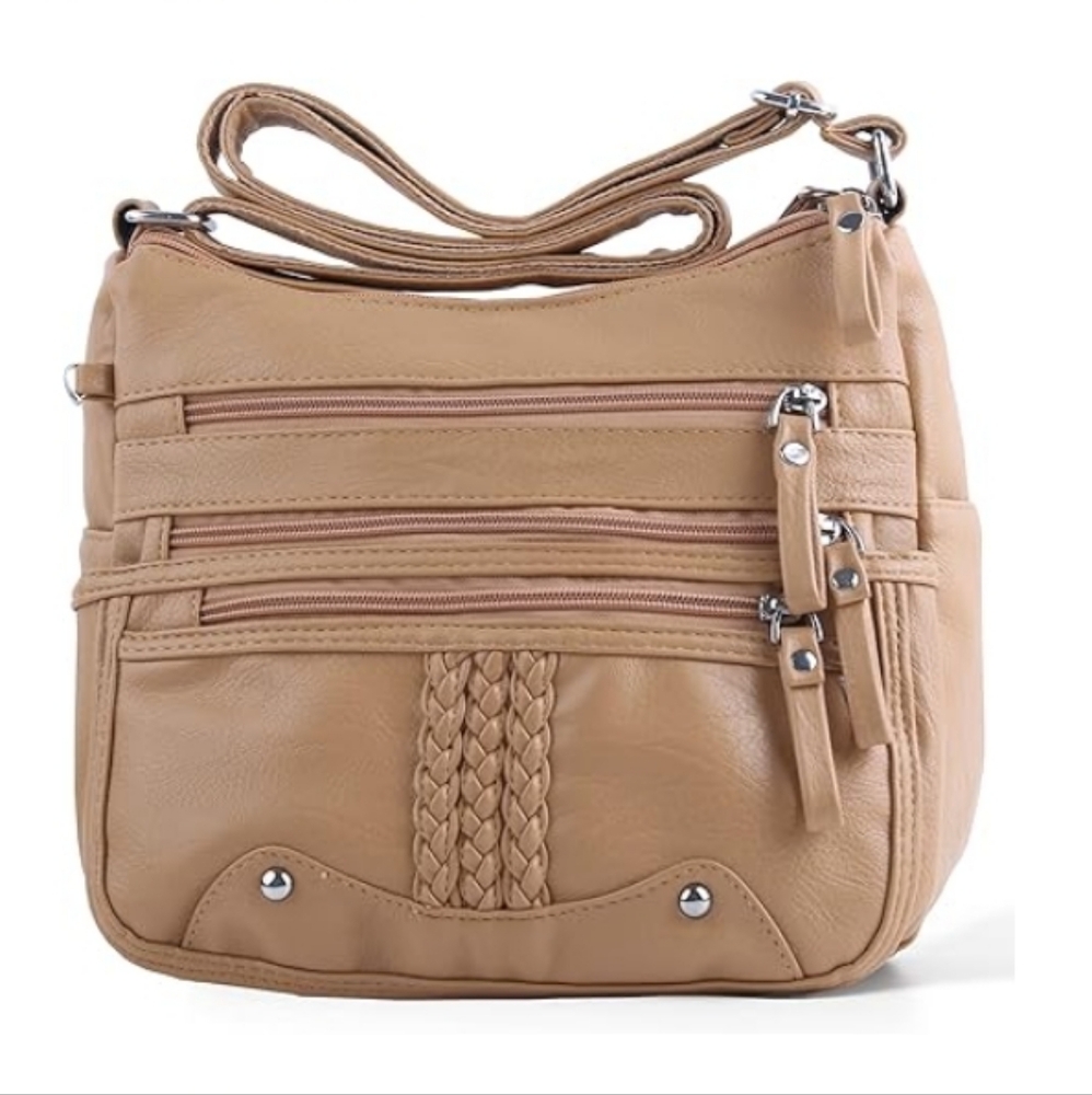 10 Pocket Crossbody Purse Ladies Soft PU Leather Shoulder bag Khaki